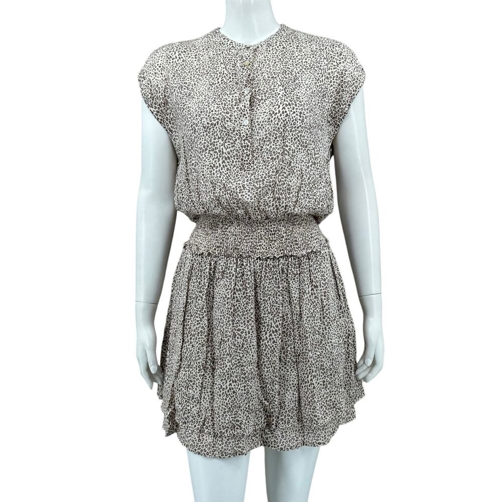 Rails Dress Womens Small Angelina Sand Cheetah Mini Blouson Linen Smocked Tiered